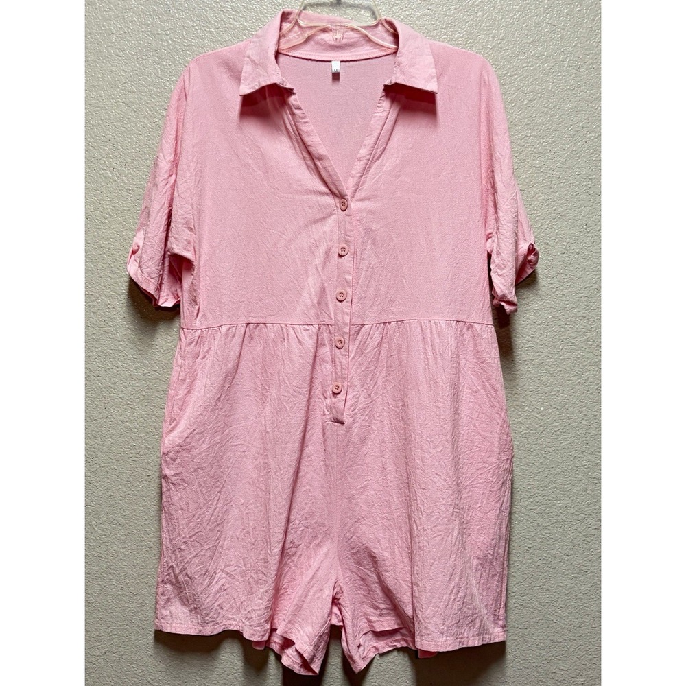 Pink Solid Rayon Linen Woven Collared Button Front Pocket Romper Size M